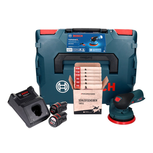 Bosch GEX 12V-125 Lijadora rotorbital profesional sin cable 12 V 125 mm sin escobillas + 2x batería recargable 3,0 Ah + cargador + juego de lijado Toolbrothers TURTLE + L-Boxx