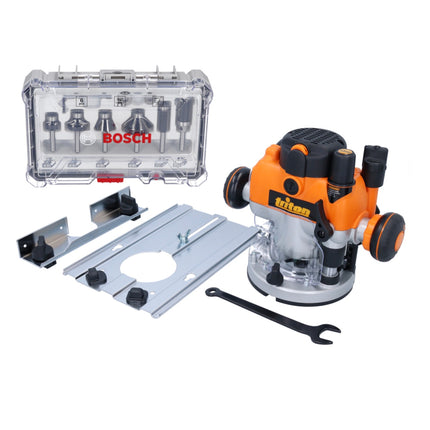 Fresadora Triton MOF001 1400 vatios carrera 59 mm + tope + set cortador 6 piezas