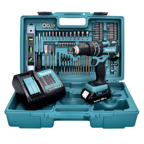 Taladro percutor inalámbrico Makita DHP 480 SAX5 18 V 54 Nm + 1x batería 2,0 Ah + cargador + set de accesorios 101 piezas + estuche