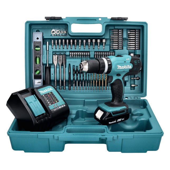 Makita DHP 453 SAX5 Perceuse-visseuse à percussion sans fil 18 V 42 Nm + 1x batterie 2,0 Ah + chargeur + 101 pcs. kit accessoires + coffret