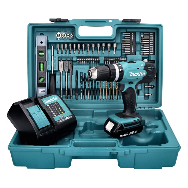Taladro de percusión a batería Makita DHP 453 SAX5 18 V 42 Nm + 1x batería recargable 2,0 Ah + cargador + juego de accesorios de 101 piezas + maletín