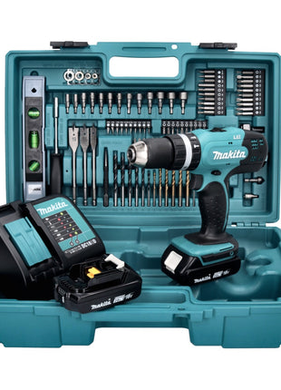 Taladro percutor inalámbrico Makita DHP 453 SA2X5 18 V 42 Nm + 2x baterías 2,0 Ah + cargador + set de accesorios 101 piezas + estuche