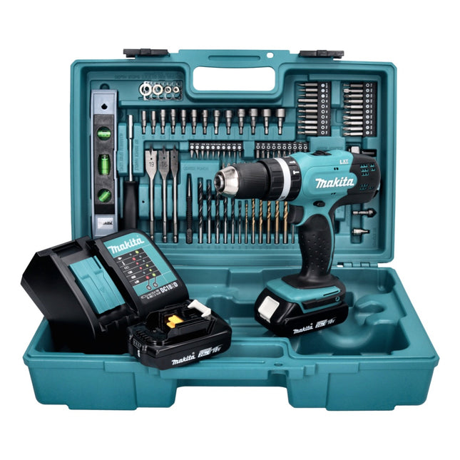 Taladro de percusión a batería Makita DHP 453 SA2X5 18 V 42 Nm + 2x batería recargable 2,0 Ah + cargador + juego de accesorios de 101 piezas + maletín