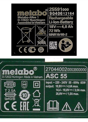 Set base Metabo 2x batteria Li-Power 18 V 4,0 Ah CAS Li-Ion + caricatore ASC 55 ( 685050000 )