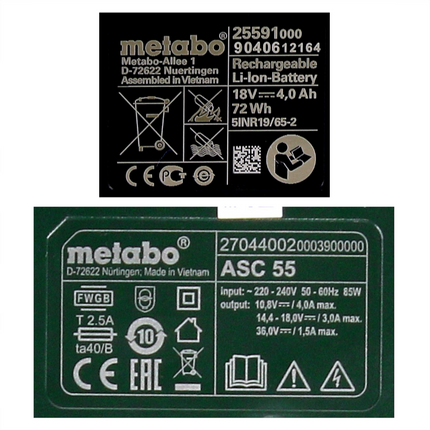 Metabo basic set 2x Li-Power batería 18 V 4,0 Ah CAS Li-Ion + cargador ASC 55 ( 685050380 )