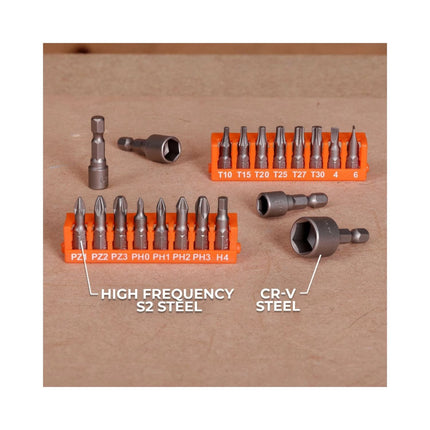 WellCut Juego de brocas y destornilladores de 51 piezas de acero HSS, con portapuntas magnético y estuche portátil ( WC-DB51U )