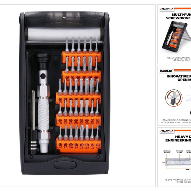 Precyzyjny, wielofunkcyjny zestaw końcówek wkrętakowych WellCut z przedłużką 60 mm i aluminiową rękojeścią 94 mm, 38-częściowy ( WC-MPS38U )