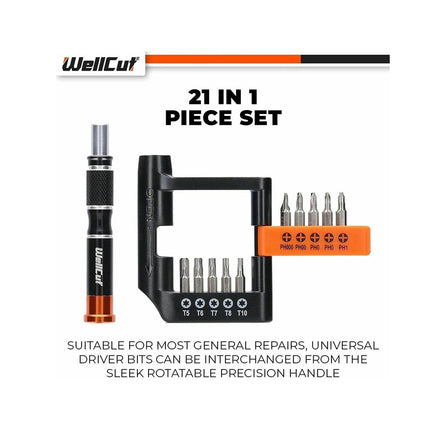WellCut Juego de puntas de destornillador multiusos de precisión, destornillador con mango antideslizante, 20 puntas, caja de almacenamiento, 21 piezas (WC-MPS21U)