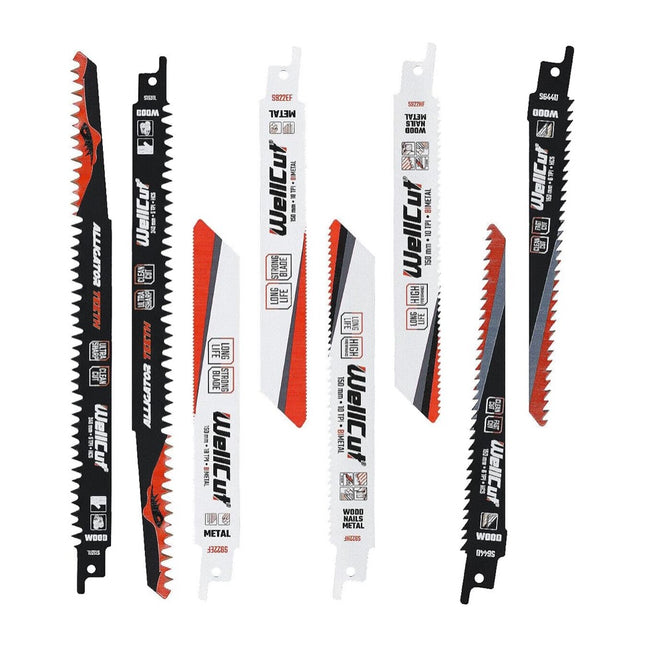 Jeu de lames de scie alternative WellCut, 8 pièces, pour bois, plastique et métal, acier HCS, avec arbre universel, résistant à la rouille et aux collisions (‎‎‎WC-RB8)