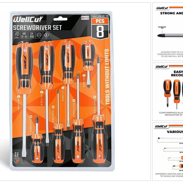 Zestaw wkrętaków magnetycznych WellCut, 8-częściowy, końcówka z rowkiem krzyżowym, stal chromowo-wanadowa, z miękkimi uchwytami ( WC-SD8 )