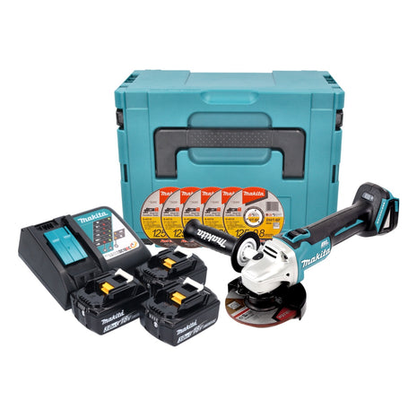 Makita DGA 504 RFJ 18 V Li-Ion Cordless Angle Grinder 125 mm Brushless + MakPac Carry Case + 2 x Batteries BL 1830 3,0 Ah + Fast charger DC 18 RC