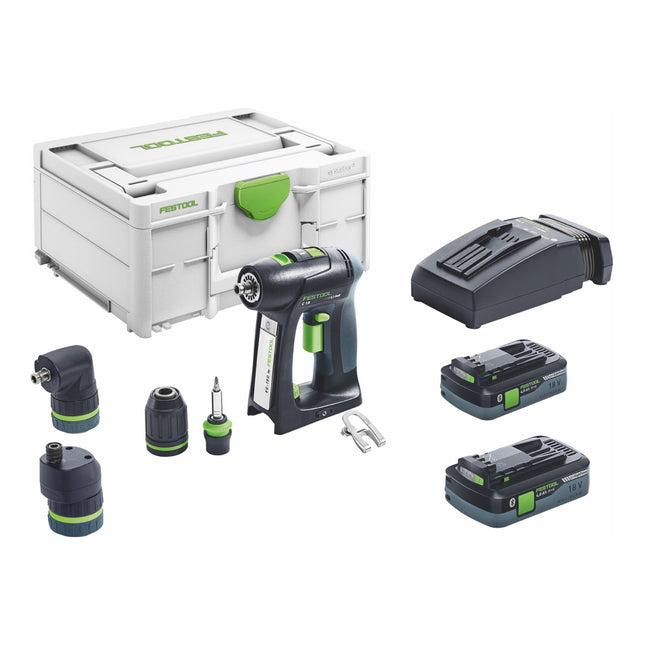 Juego Festool C 18 HPC 4,0 l taladro atornillador a batería 18 V 45 Nm sin escobillas ( 576993 ) + 2x batería recargable 4,0 Ah + cargador + fijación excéntrica + fijación angular + systainer