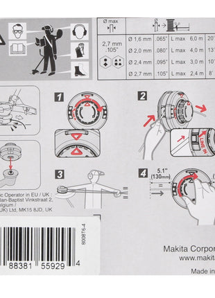 Makita Cabezal de 2 líneas Tap&amp;Go 2,0 mm 2 piezas (2x 191D91-7) para cortacésped inalámbrico de 18 V DUR 187 y DUR 188