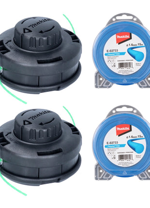 Makita 2 teste filettate Tap&Go 2,0 mm 2 pezzi ( 2x 191D91-7 ) + filo di taglio rotondo 1,6 mm 15 m 2 pezzi ( 2x E-02733 ) per tagliaerba a batteria 18 V DUR 187 e DUR 188