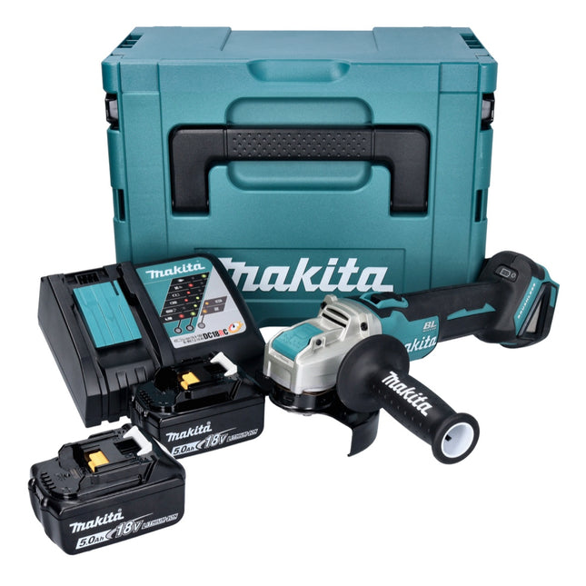 Makita DGA 521 RTX1J Smerigliatrice angolare a batteria 18 V 125 mm X-LOCK Brushless + 2x batteria ricaricabile 5,0 Ah + caricabatterie + Makpac