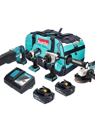 Makita DLX 4157 TX1 Zestaw akumulatorowy 18 V DDF 486 + DGA 504 + DJR 187 + DTD 153 + 2x akumulator 5,0 Ah + ładowarka + torba