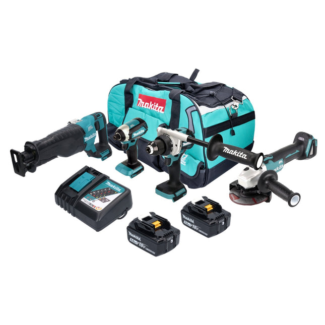 Makita DLX 4157 TX1 Kit Combo Batería 18 V DDF 486 + DGA 504 + DJR 187 + DTD 153 + 2x batería 5.0 Ah + cargador + bolsa