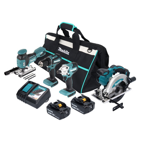 Makita DLX 4163 TX1 combo kit batterie 18 V DDF 485 + DJV 181 + DSS 610 + DTD 156 + 2x 5.0 Ah batterie + chargeur + sac