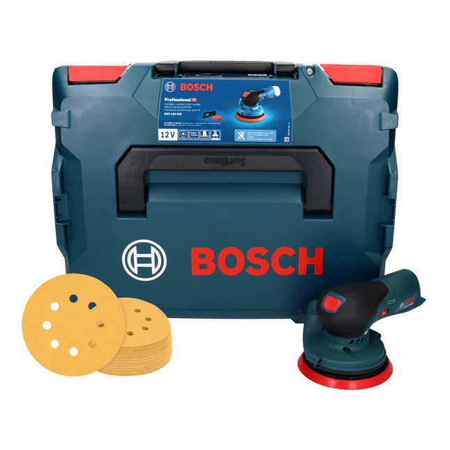 Bosch GEX 12V-125 Professional Cordless Random Orbit Sander 125 mm 12V Brushless + 50x EXPERT C470 Sandpapers K 120 + L-Boxx Case - without battery, without charger