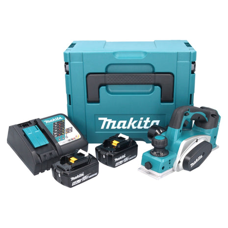 Cepilladora de batería Makita DKP 180 RTJ 18 V 82 mm + 2x baterías 5,0 Ah + cargador + Makpac