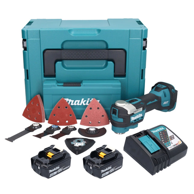 Herramienta multifunción sin cable Makita DTM 52 RMJX4 18 V Starlock Max Brushless + 2x batería 4,0 Ah + cargador + juego de accesorios + Makpac