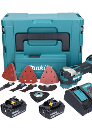 Herramienta multifuncional a batería Makita DTM 52 RTJX4 18 V Starlock Max Brushless + 2x baterías 5.0 Ah + cargador + set de accesorios + Makpac