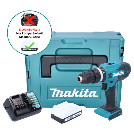 Makita HP 488 DWY1J 18 V Perceuse-visseuse à percussion sans fil 42 Nm série G + 1x Batterie 1,5 Ah + Chargeur + Makpac