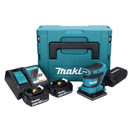 Makita DBO 480 RTJ Akku Schwingschleifer 18 V 112 x 102 mm + 2x Akku 5,0 Ah + Ladegerät + Makpac