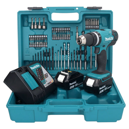 Makita DHP 453 RTX1 Perceuse-visseuse à percussion sans fil 18 V 42 Nm + 2x Batteries 5,0 Ah + Chargeur + kit d'accessoires - 74 pièces + Coffret