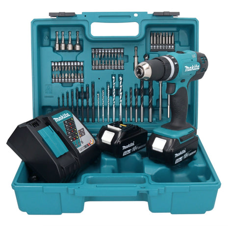 Taladro percutor inalámbrico Makita DHP 453 RTX1 18 V 42 Nm + 2x baterías 5,0 Ah + cargador + set de accesorios 74 piezas + estuche