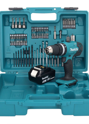 Makita DHP 453 G1X1 Perceuse-visseuse à percussion sans fil 18 V 42 Nm + 1x Batterie 6,0 Ah + kit d'accessoires - 74 pièces + Mallette - sans chargeur