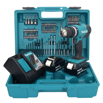Taladro percutor inalámbrico Makita DHP 453 RGX1 18 V 42 Nm + 2x baterías 6,0 Ah + cargador + set de accesorios 74 piezas + estuche