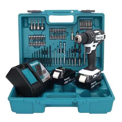 Makita DHP 482 RGX1W Akku Schlagbohrschrauber 18 V 62 Nm + 2x Akku 6,0 Ah + Ladegerät + 74 tlg. Zubehörset + Koffer