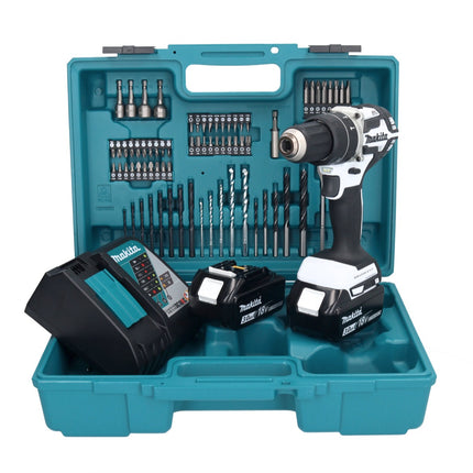 Makita DHP 484 RFX1W taladro percutor inalámbrico 18 V 54 Nm sin escobillas blanco + 2x baterías 3,0 Ah + cargador + set de accesorios 74 piezas + estuche