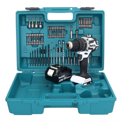 Makita DHP 484 G1X1W taladro percutor inalámbrico 18 V 54 Nm sin escobillas blanco + 1x batería 6,0 Ah + set de accesorios 74 piezas + maletín - sin cargador