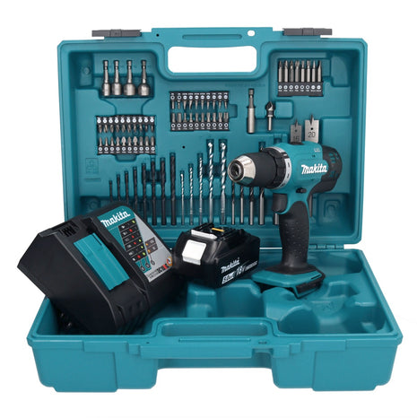 Makita DDF 453 RT1X1 taladro atornillador inalámbrico 18 V 42 Nm + 1x batería 5,0 Ah + cargador + set de accesorios 74 piezas + maletín