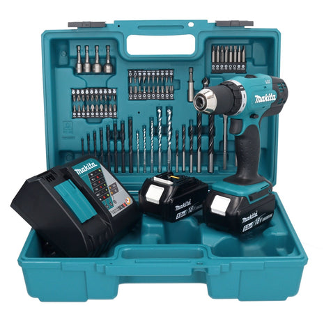 Makita DDF 453 RTX1 taladro atornillador inalámbrico 18 V 42 Nm + 2x baterías 5,0 Ah + cargador + set de accesorios 74 piezas + maletín