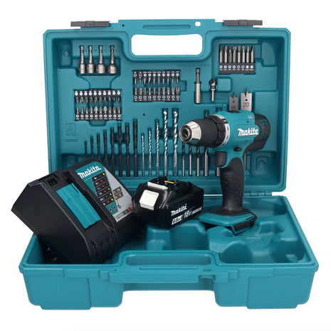 Makita DDF 453 RG1X1 taladro atornillador inalámbrico 18 V 42 Nm + 1x batería 6,0 Ah + cargador + set de accesorios 74 piezas + estuche