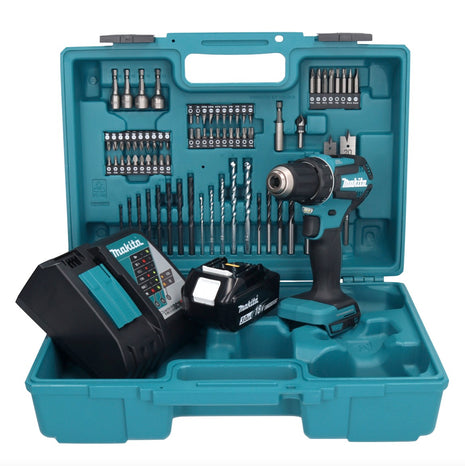 Makita DDF 485 RF1X1 Perceuse-visseuse sans fil 18 V 50 Nm sans balais + 1x Batterie 3,0 Ah + Chargeur + kit d'accessoires - 74 pièces + Mallette