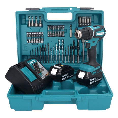 Makita DDF 485 RFX1 Akku Bohrschrauber 18 V 50 Nm Brushless + 2x Akku 3,0 Ah + Ladegerät + 74 tlg. Zubehörset + Koffer