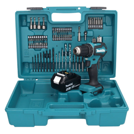 Makita DDF 485 T1X1 Akku Bohrschrauber 18 V 50 Nm Brushless + 1x Akku 5,0 Ah + 74 tlg. Zubehörset + Koffer - ohne Ladegerät