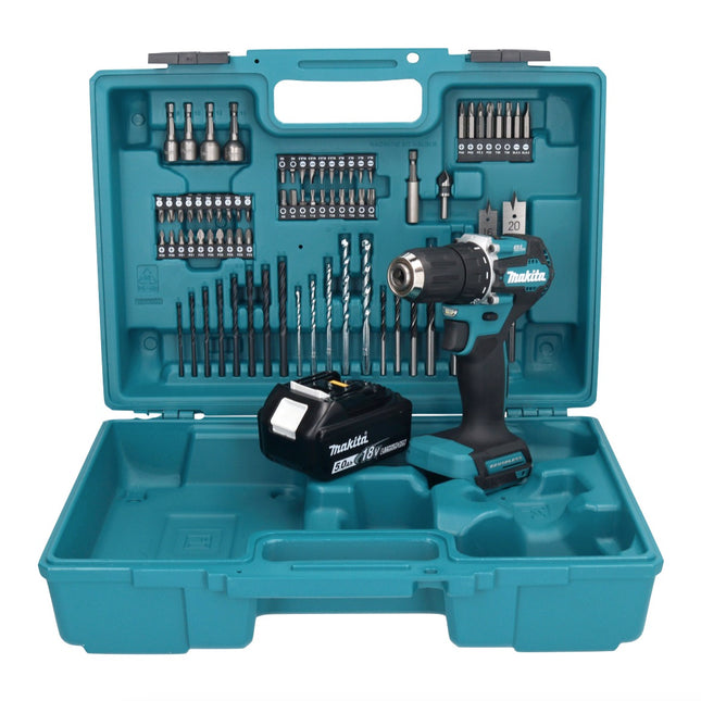 Makita DDF 487 T1X1 Akku Bohrschrauber 18 V 40 Nm Brushless + 1x Akku 5,0 Ah + 74 tlg. Zubehörset + Koffer - ohne Ladegerät