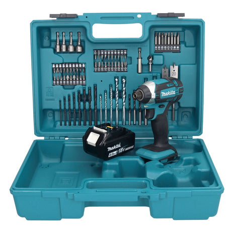 Makita DTD 152 G1X1 llave de impacto a batería 18 V 165 Nm 1/4" + 1x batería 6,0 Ah + set de accesorios 74 piezas + maletín - sin cargador