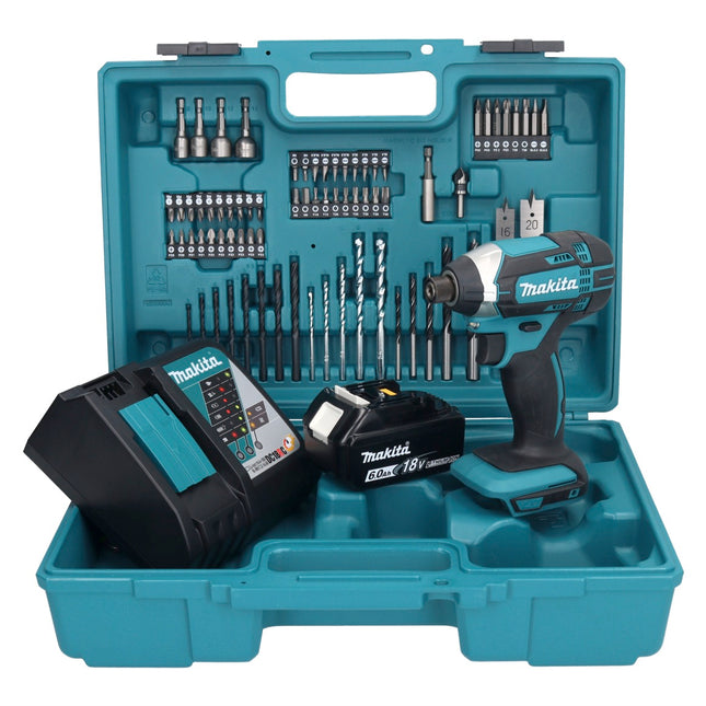 Makita DTD 152 RG1X1 Akku Schlagschrauber 18 V 165 Nm 1/4" + 1x Akku 6,0 Ah + Ladegerät + 74 tlg. Zubehörset + Koffer