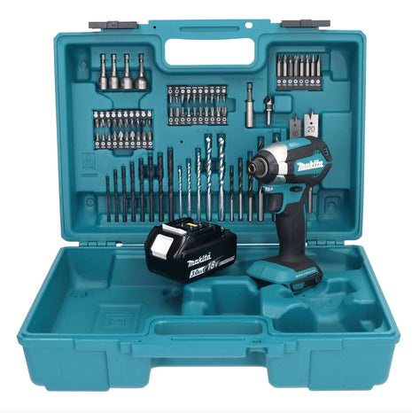 Makita DTD 153 F1X1 llave de impacto a batería 18 V 170 Nm 1/4" sin escobillas + 1x batería 3,0 Ah + set de accesorios 74 piezas + maletín - sin cargador