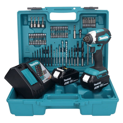 Makita DTD 153 RTX1 Akku Schlagschrauber 18 V 170 Nm 1/4" Brushless + 2x Akku 5,0 Ah + Ladegerät + 74 tlg. Zubehörset + Koffer