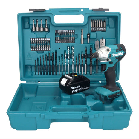 Makita DTD 156 F1X1 llave de impacto a batería 18 V 155 Nm 1/4" + 1x batería 3,0 Ah + set de accesorios 74 piezas + maletín - sin cargador