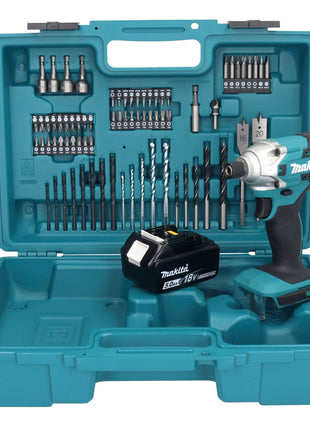 Makita DTD156T1X1 Cordless Hammer Drill 155Nm 18V 1/4" + 1x Battery 5.0Ah + Case + Accessory Set, 74 pcs. - without charger