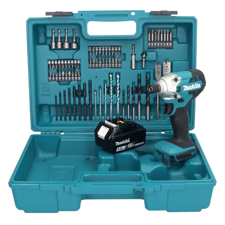 Makita DTD 156 T1X1 llave de impacto a batería 18 V 155 Nm 1/4" + 1x batería 5,0 Ah + set de accesorios 74 piezas + maletín - sin cargador