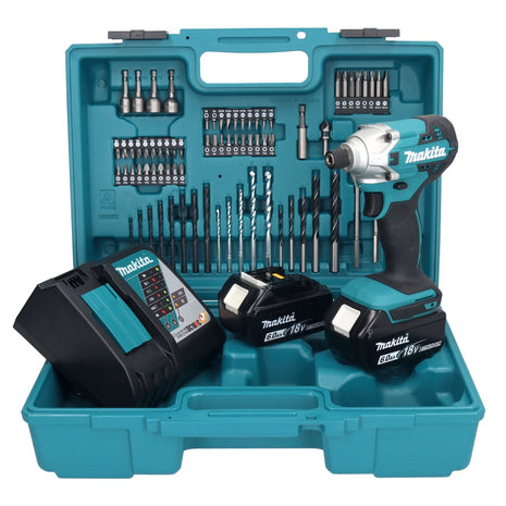 Llave de impacto a batería Makita DTD 156 RGX1 18 V 155 Nm 1/4" + 2x baterías 6,0 Ah + cargador + set de accesorios 74 piezas + estuche